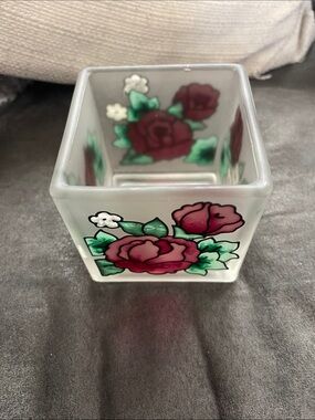 Joan Baker Designs Frosted Glass Square Vase with Red Rose Motif Candle Holder